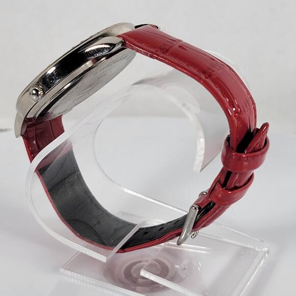 Red Crystal Bezel Quartz Watch with Leather Strap, Analog Display, 40mm Case - Picture 12 of 16